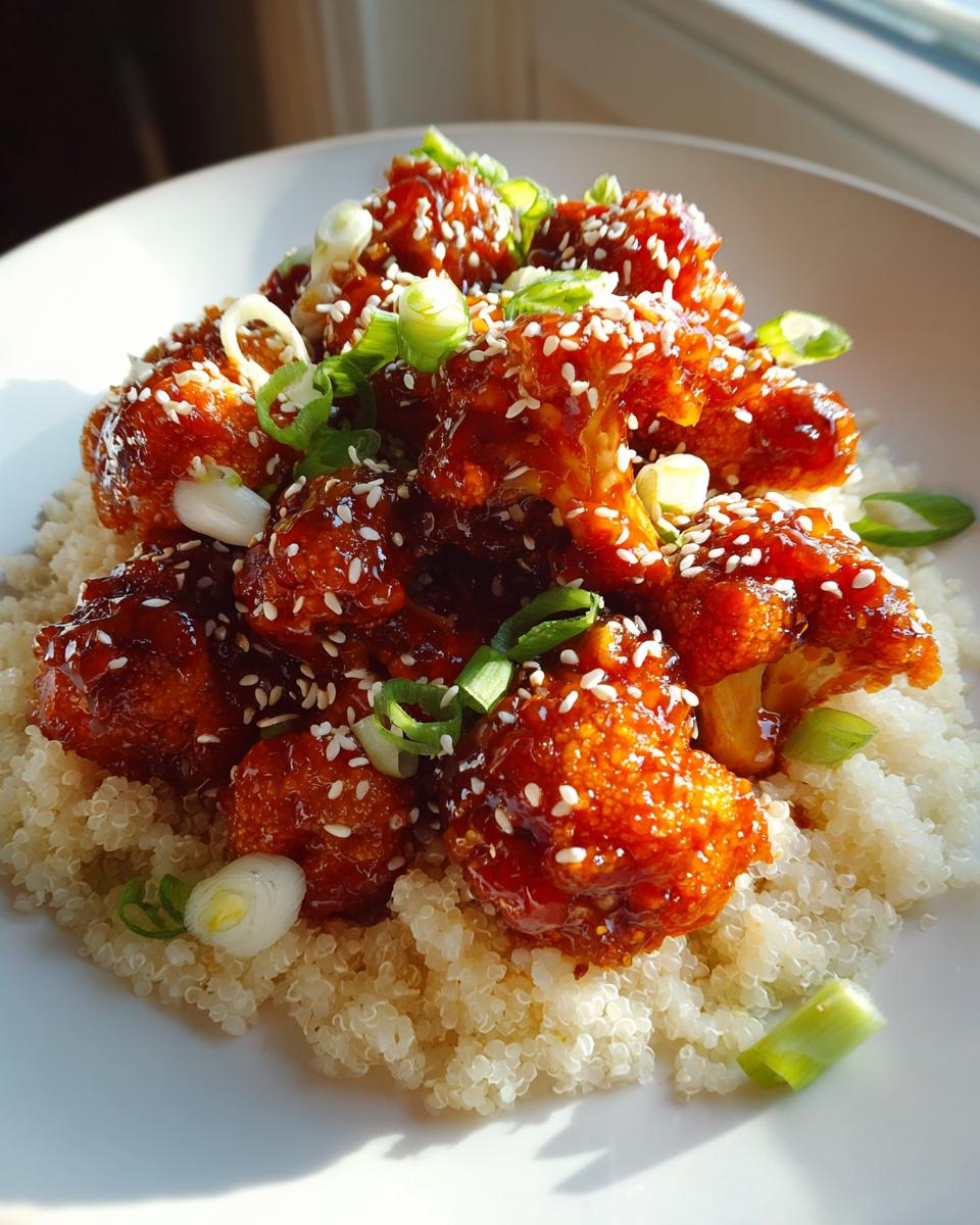 Close-up of Baked Sticky Orange Cauliflower Quinoa topped with sesame seeds and green onions.