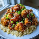 Close-up of Baked Sticky Orange Cauliflower Quinoa topped with sesame seeds and green onions.