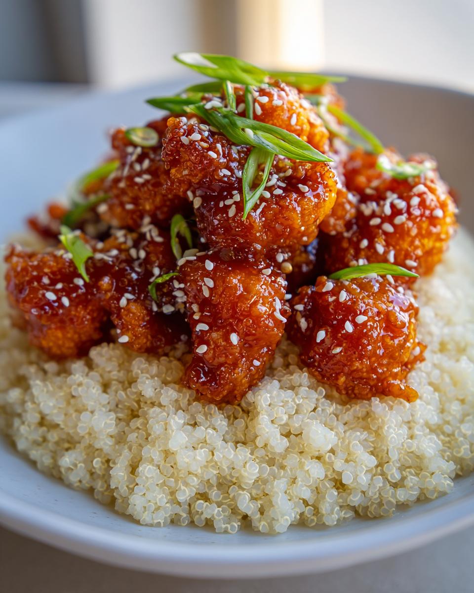 Close-up of Baked Sticky Orange Cauliflower Quinoa pieces glazed in sauce, topped with sesame seeds and green onions, served over white quinoa.