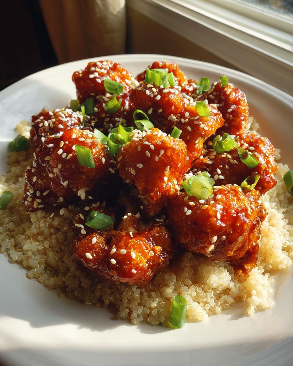 Close-up of Baked Sticky Orange Cauliflower Quinoa topped with sesame seeds and green onions.