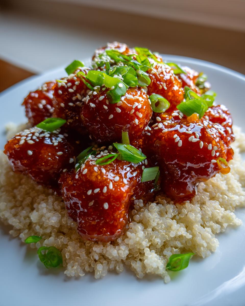 Close-up of Baked Sticky Orange Cauliflower Quinoa, featuring glazed cauliflower bites over fluffy quinoa, topped with sesame seeds and green onions.