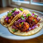 Two delicious BBQ Cauliflower Tacos filled with saucy cauliflower florets, purple cabbage slaw, and cilantro.