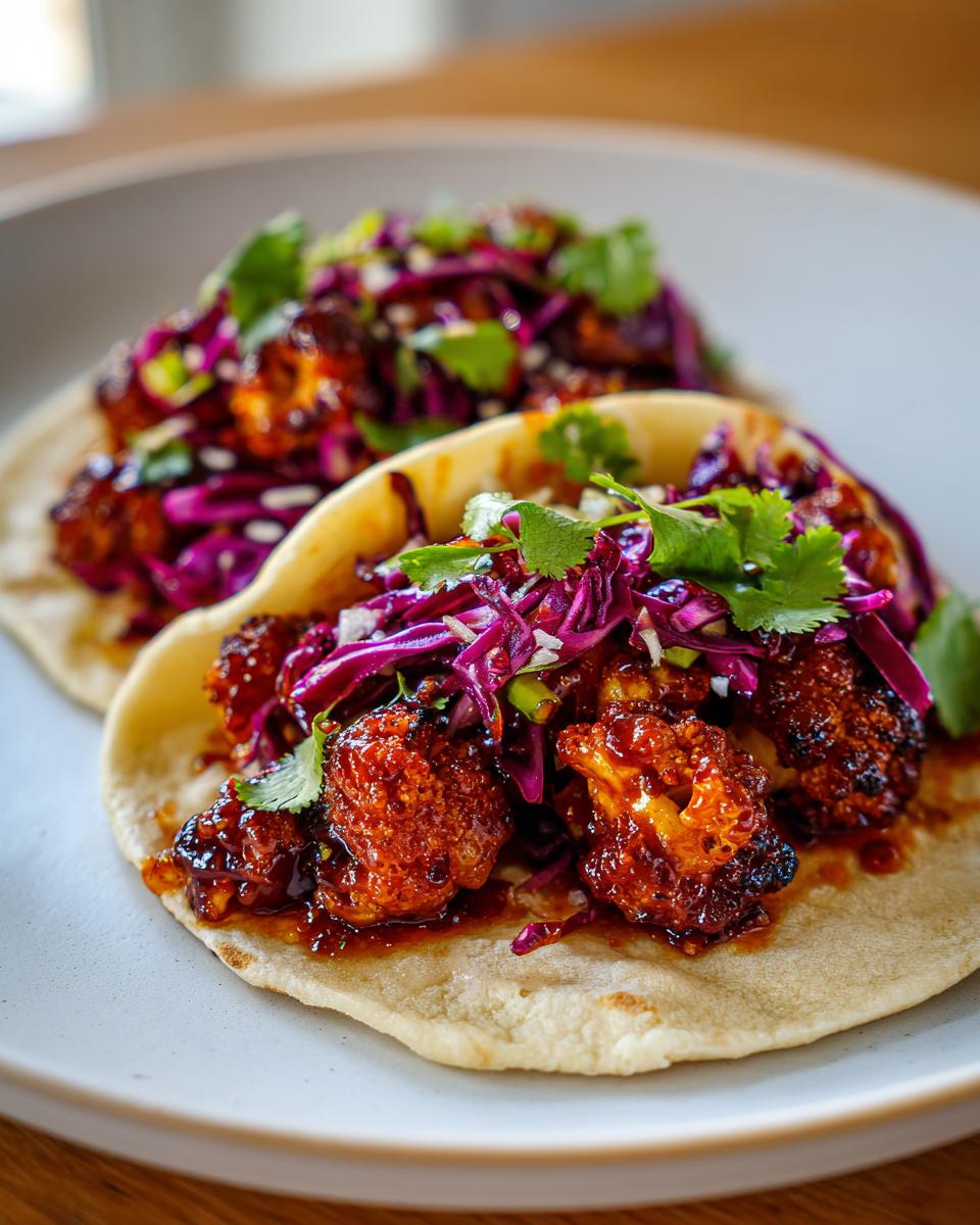 Two delicious BBQ Cauliflower Tacos filled with saucy cauliflower florets, purple cabbage slaw, and cilantro.