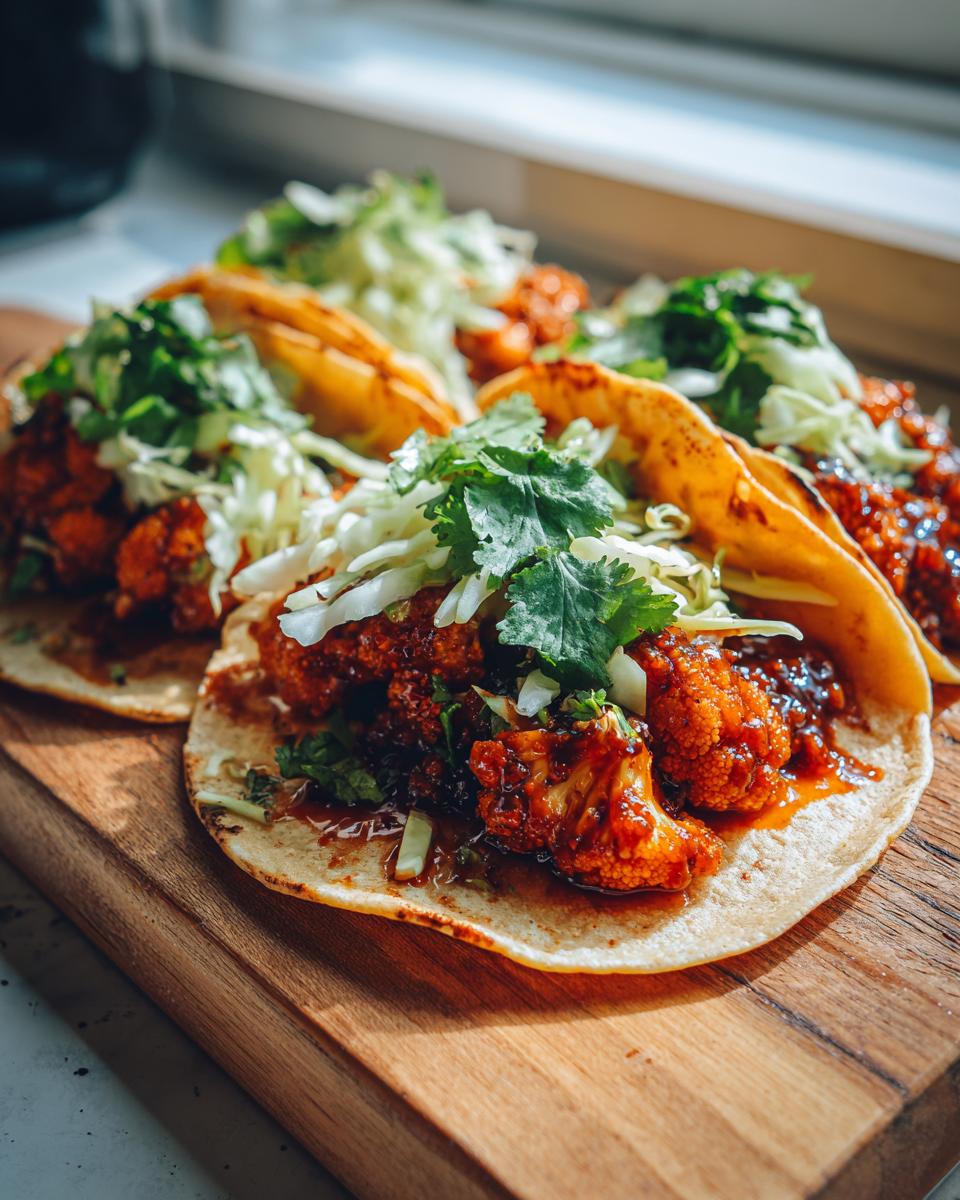 Close-up of several delicious BBQ Cauliflower Tacos topped with slaw and cilantro on a wooden serving board.
