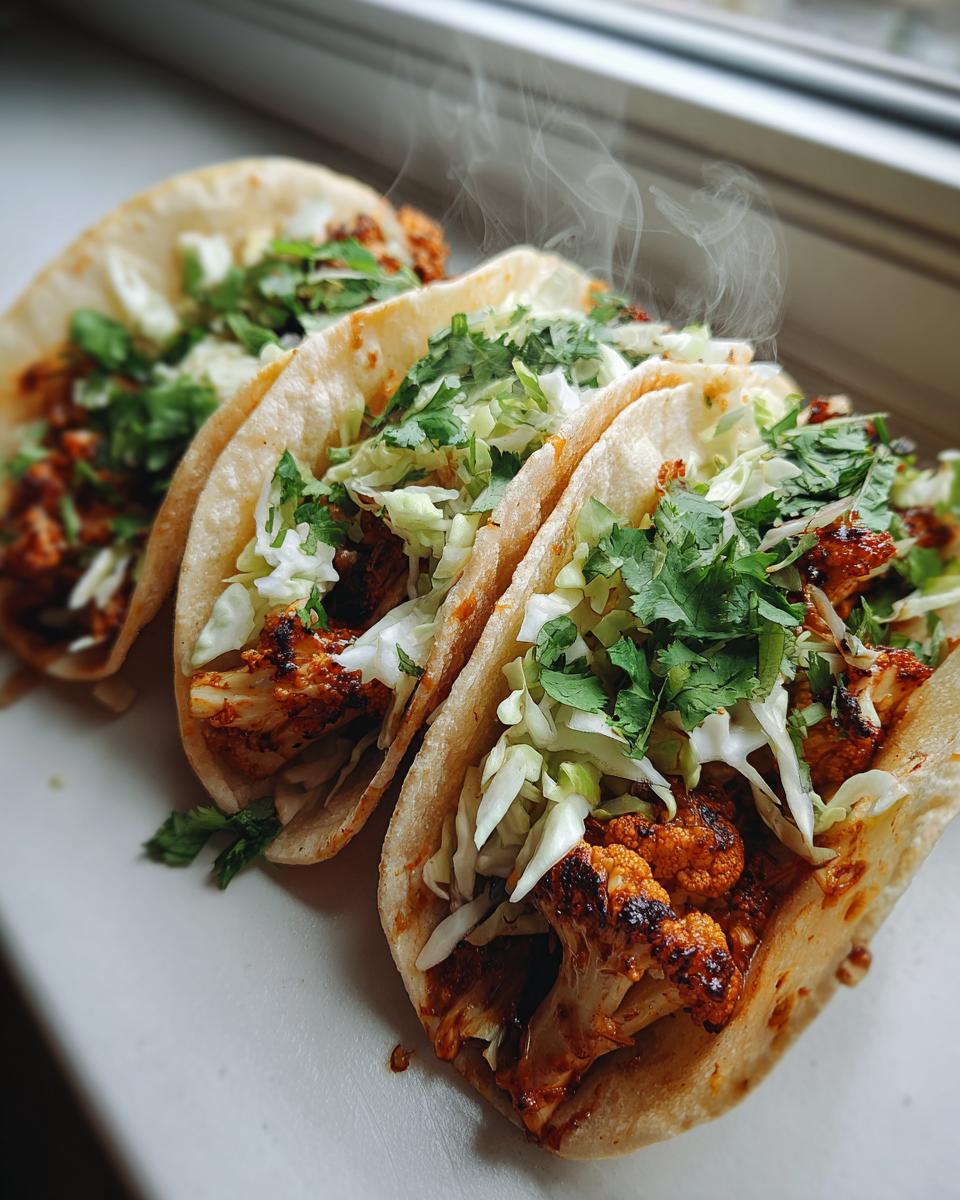 Three steaming BBQ Cauliflower Tacos filled with charred cauliflower, shredded cabbage, and cilantro.