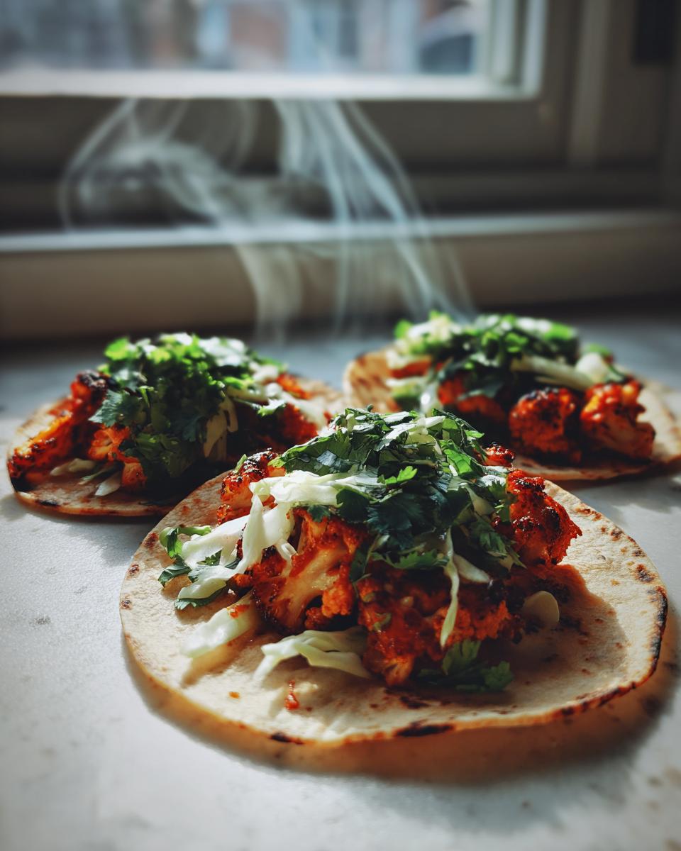 Three freshly made BBQ Cauliflower Tacos topped with cilantro and cabbage, steam rising in the background.