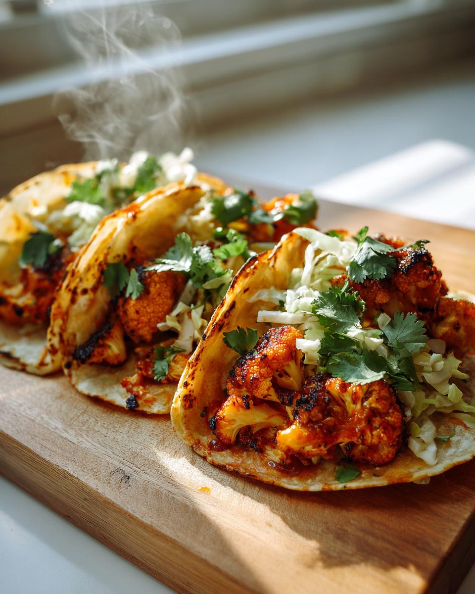 Three steaming BBQ Cauliflower Tacos filled with charred cauliflower, slaw, and cilantro on a wooden board.