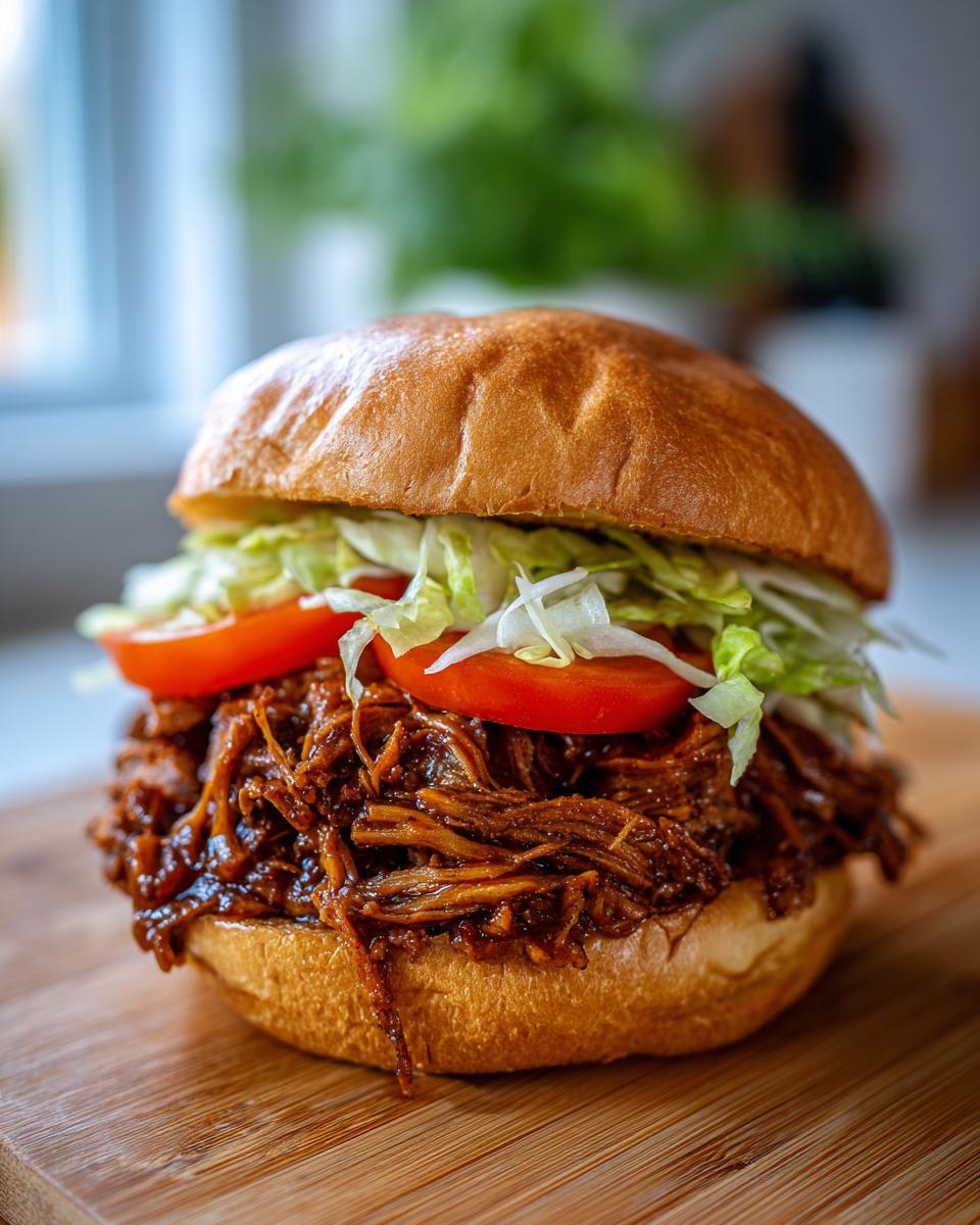 Close-up of a delicious BBQ Jerk Pulled Pork Sandwiches Plant Based piled high on a brioche bun with lettuce and tomato.