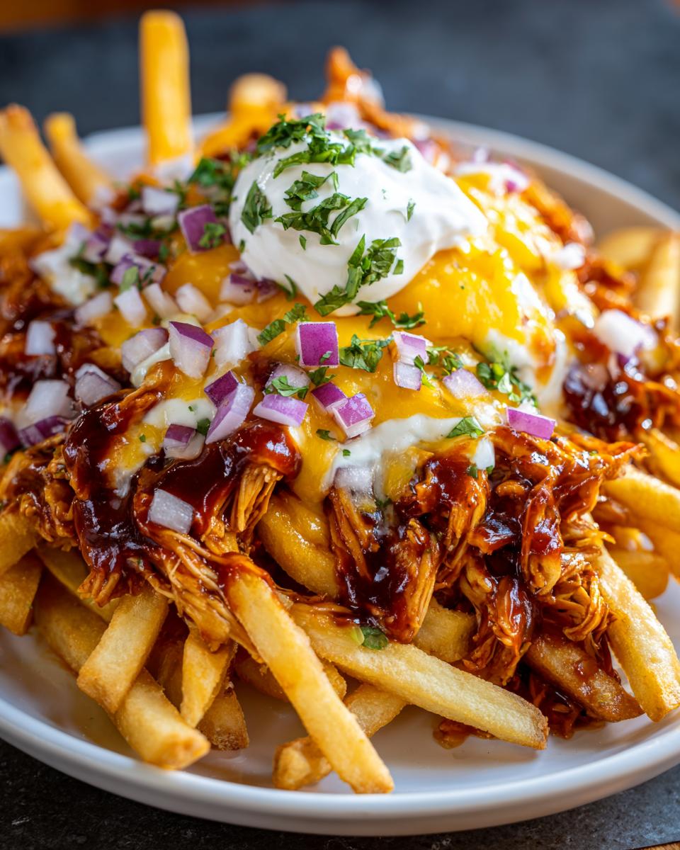 A plate piled high with crispy fries topped with BBQ pulled chicken, melted cheese, sour cream, and diced red onions for BBQ Loaded Chicken Taco Fries.
