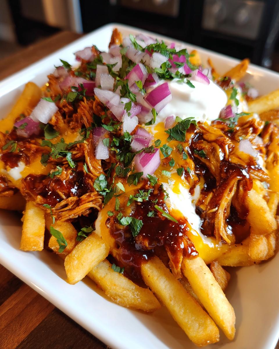 A close-up of BBQ Loaded Chicken Taco Fries topped with melted cheese, sour cream, and diced red onions.