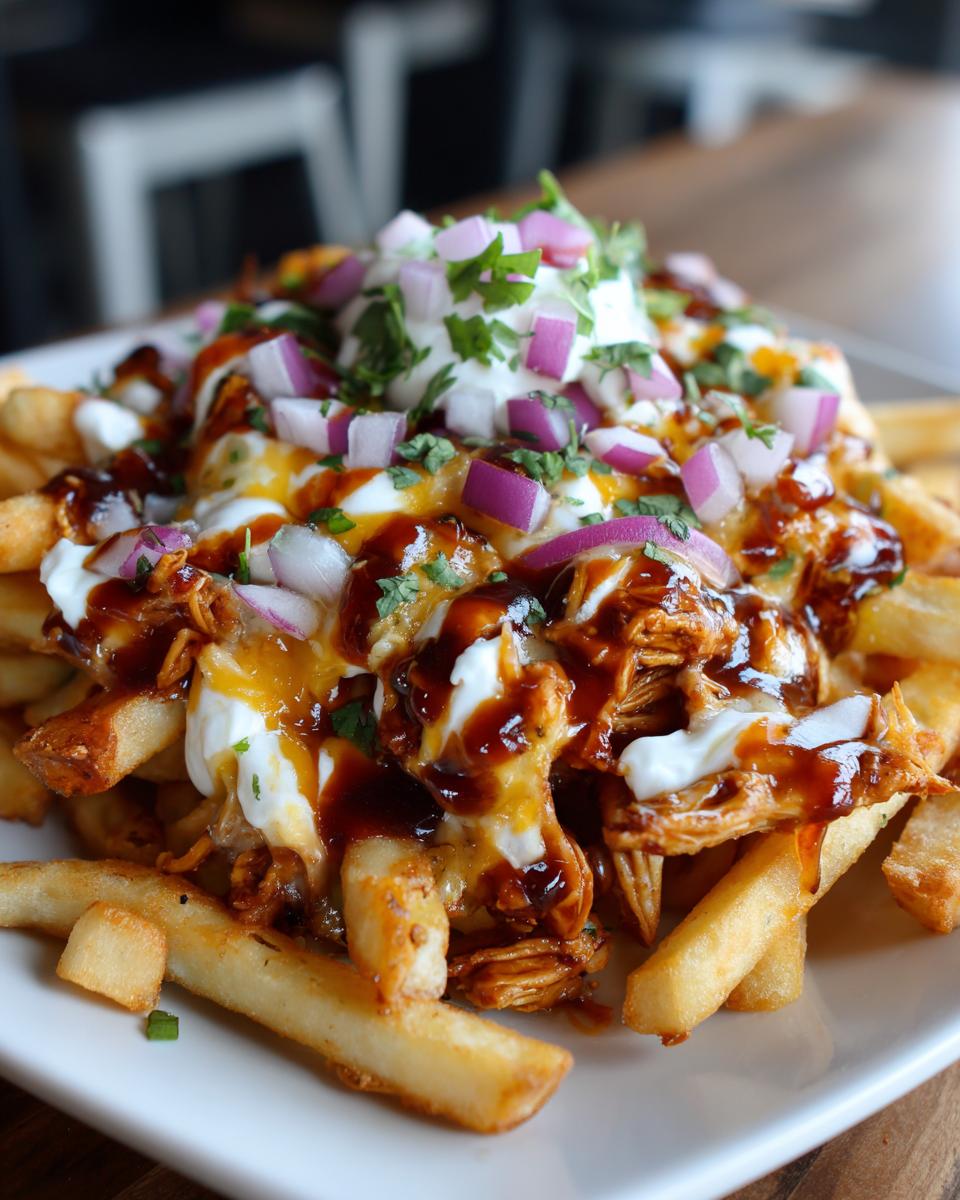 A plate piled high with crispy fries loaded with shredded chicken, melted cheese, BBQ sauce, sour cream, and diced red onion.