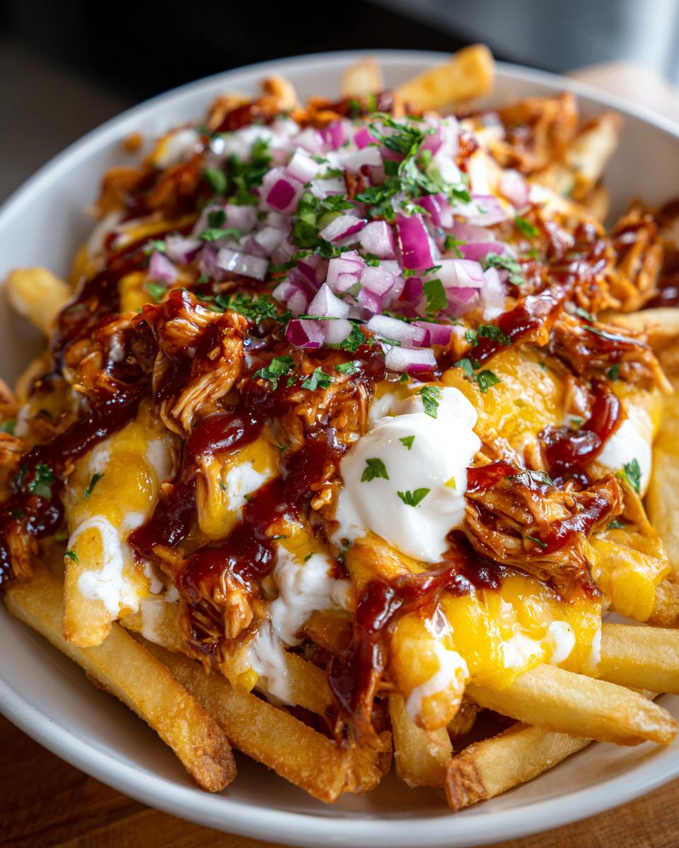 A close-up shot of a bowl piled high with BBQ Loaded Chicken Taco Fries, topped with melted cheese, BBQ sauce, sour cream, and diced red onions.