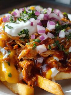 Close-up of BBQ Loaded Chicken Taco Fries topped with melted cheese, sour cream, and diced red onions.