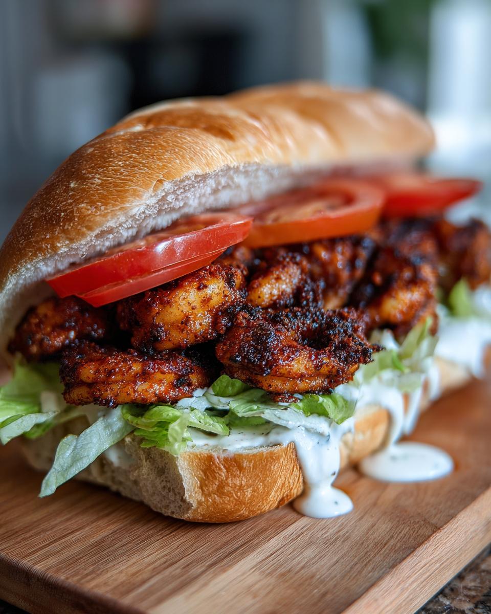 A close-up of The Best Easy Blackened Shrimp Po Boy sandwich filled with blackened shrimp, lettuce, tomato, and creamy sauce.