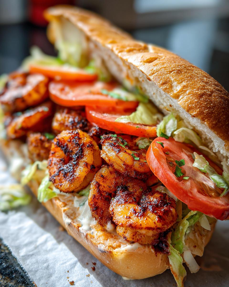 A close-up of The Best Easy Blackened Shrimp Po Boy filled with blackened shrimp, lettuce, and tomato slices on a French bread roll.