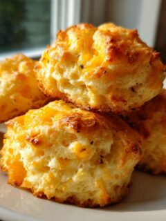 A stack of four fluffy Best Gluten Free Cheddar Bay Biscuits, golden brown with melted cheddar cheese, sitting on a white plate.