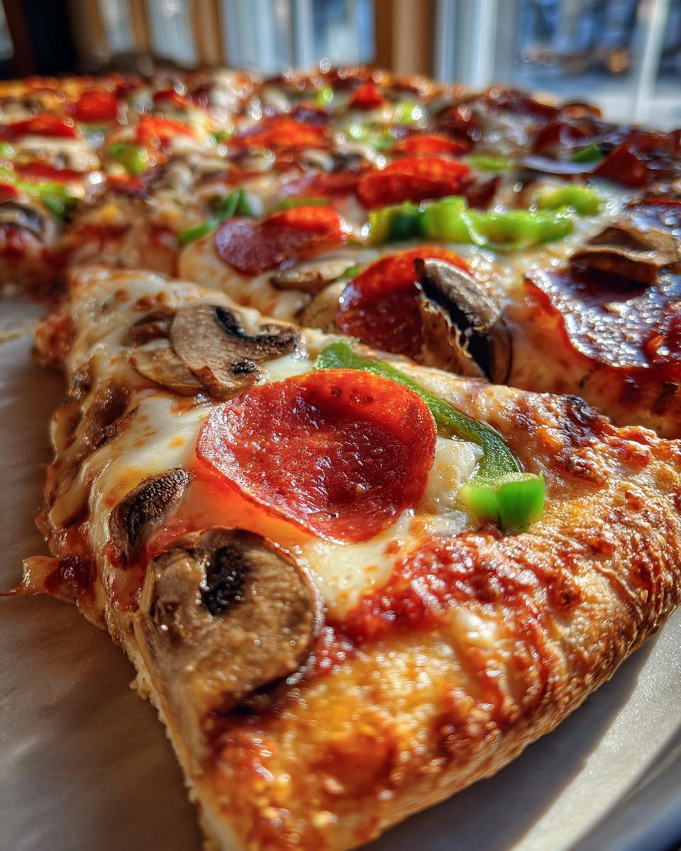 Close-up of a slice of pizza featuring pepperoni, mushrooms, and green peppers, showcasing the Best Pizza Toppings.