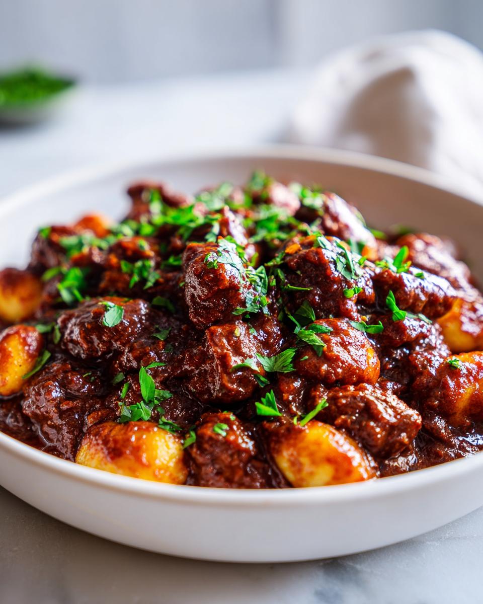 Close-up of rich vegan meat sauce gnocchi topped with fresh chopped parsley in a white bowl.