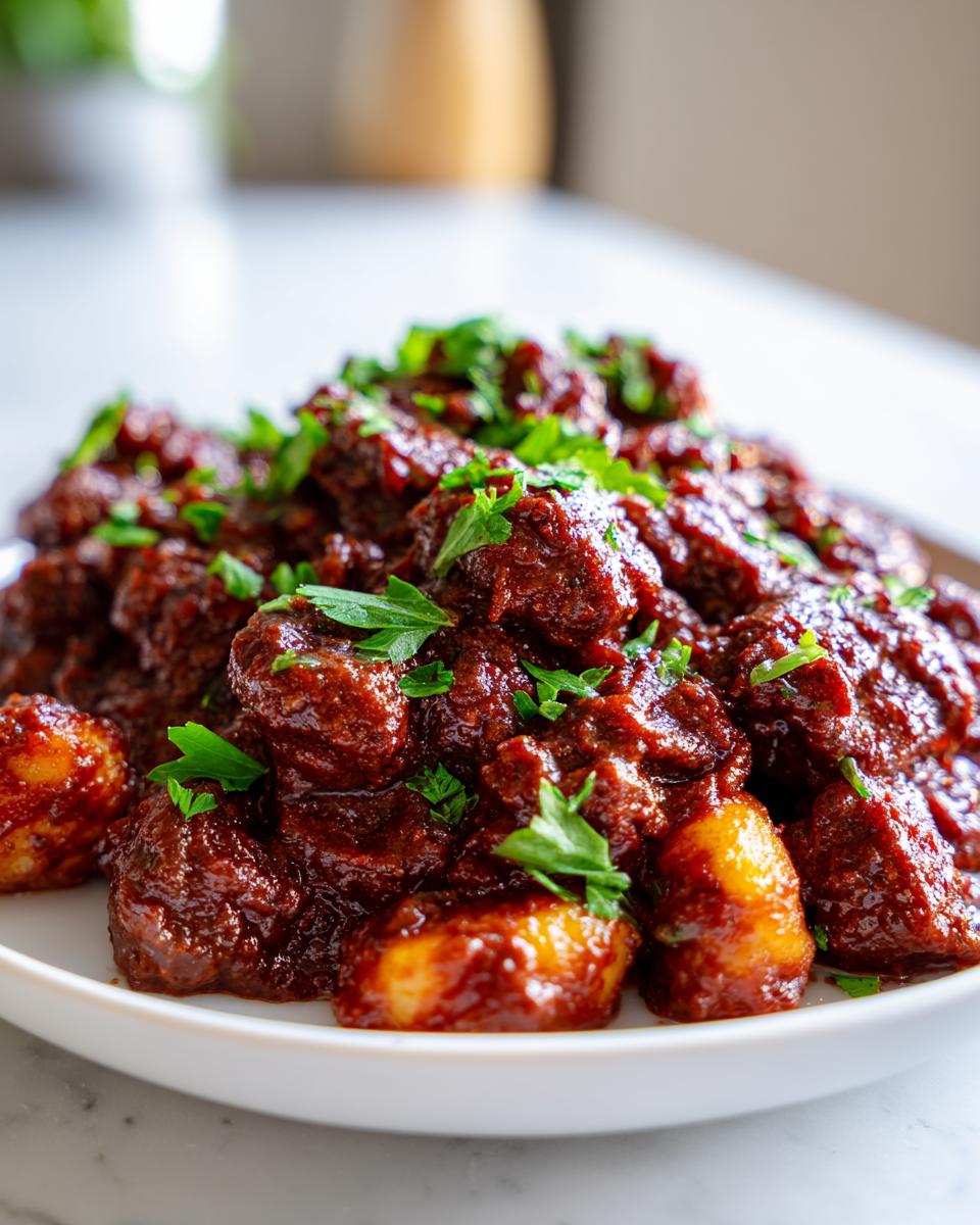 Close-up of gnocchi smothered in rich, dark red vegan meat sauce and topped with fresh parsley.