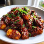 Close-up of gnocchi coated in rich, dark red vegan meat sauce, topped with fresh parsley.