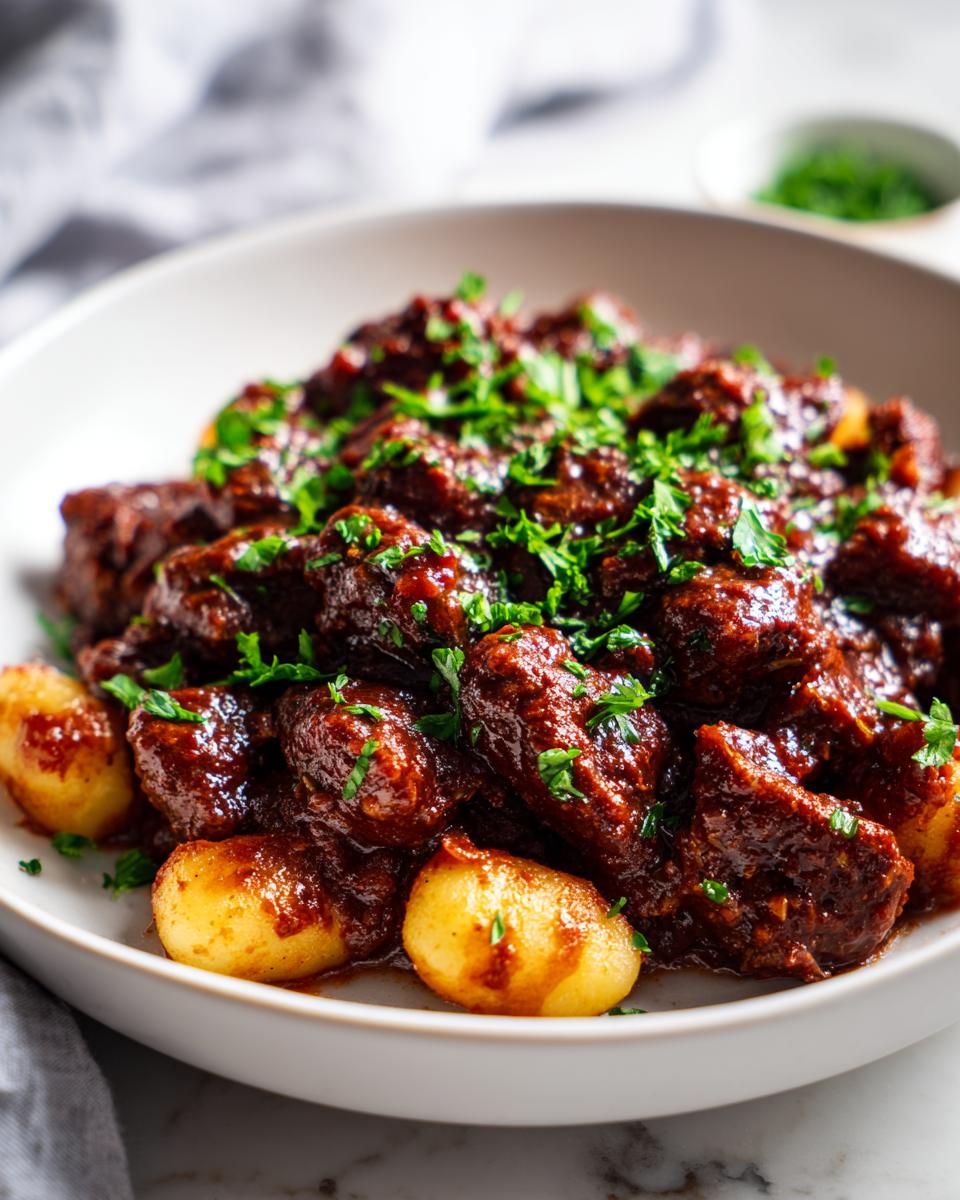 Close-up of rich, dark vegan meat sauce served over potato gnocchi, topped with fresh parsley.