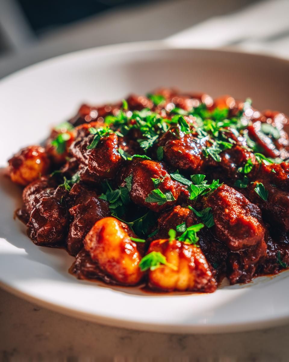 Close-up of rich, dark Vegan Meat Sauce Gnocchi topped with fresh parsley on a white plate.