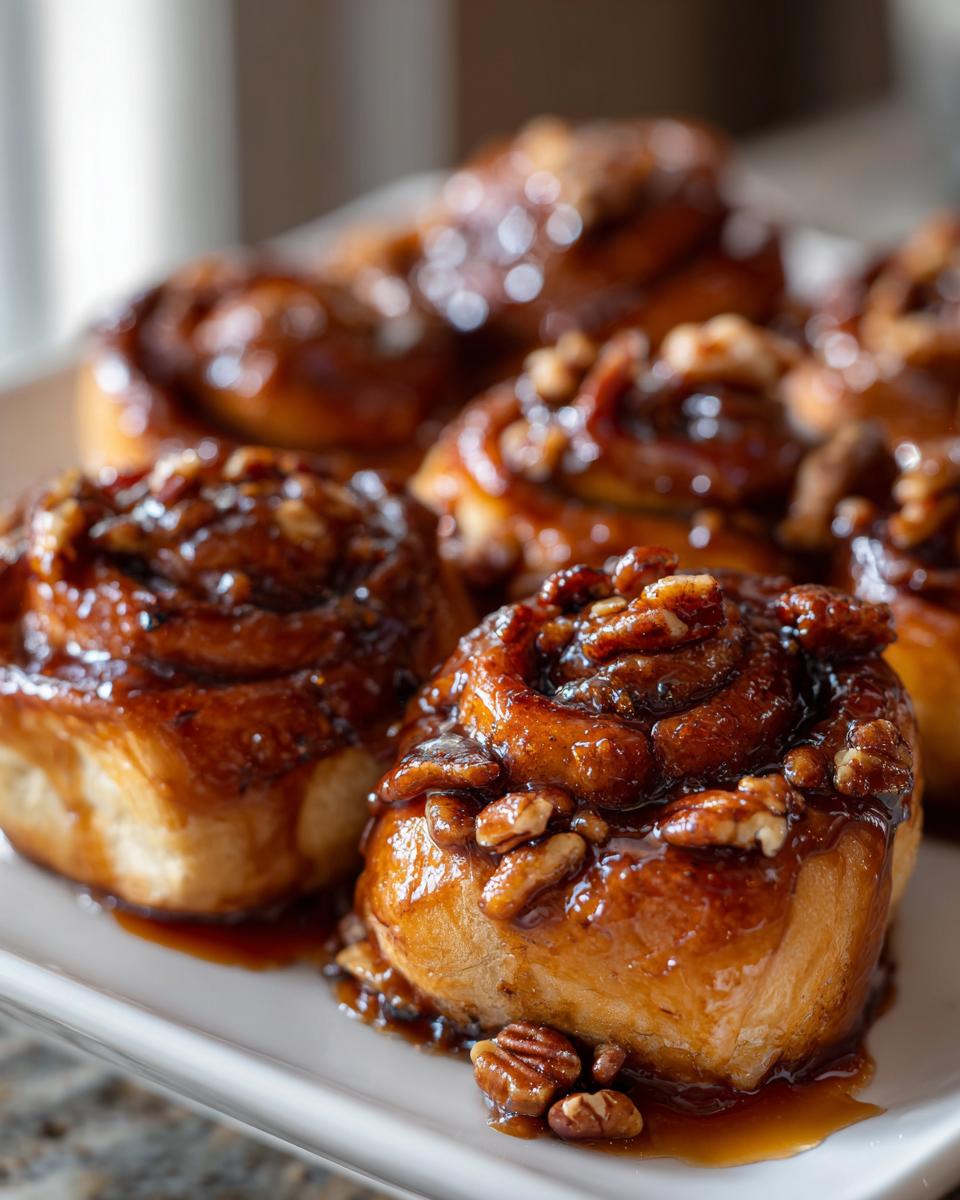 Close-up of several gooey, glazed Vegan Pecan Sticky Buns topped with pecans on a white platter.
