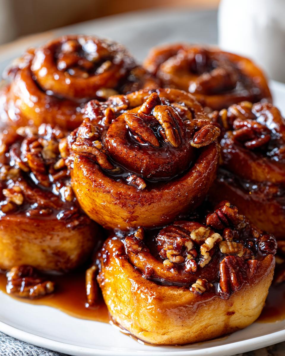 A close-up stack of gooey, caramelized Vegan Pecan Sticky Buns topped with whole pecans.