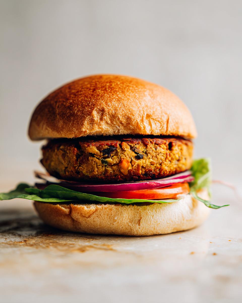 A close-up of the Best Veggie Burger Recipe assembled on a toasted bun with lettuce, tomato, and red onion.