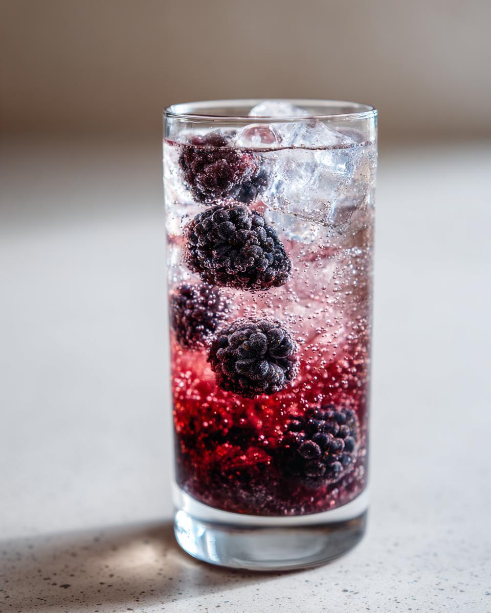 Close-up of a tall glass containing a Blueberry Blackberry Mocktail with ice and whole blackberries.