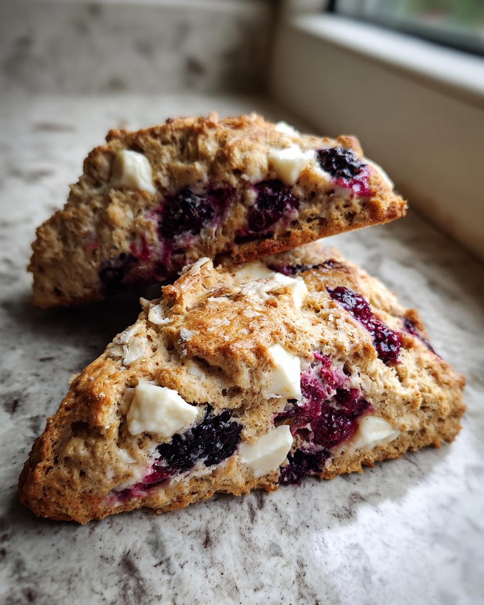 Two halves of a baked Blackberry White Chocolate Oatmeal Scone showing visible oats, dark berries, and white chocolate chunks.