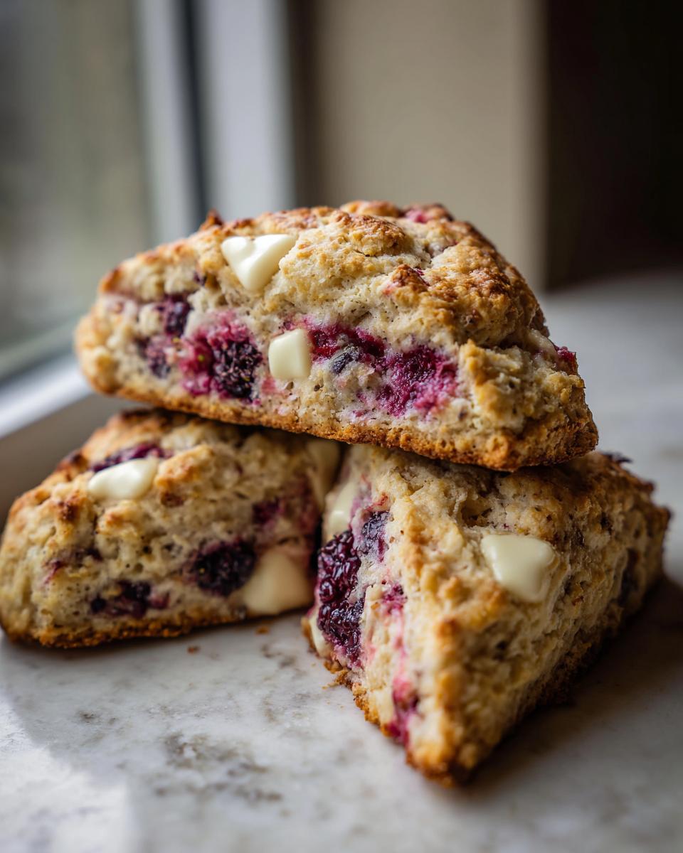 Three triangular Blackberry White Chocolate Oatmeal Scones stacked on a marble surface near a window.