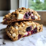 Two halves of a freshly baked Blackberry White Chocolate Oatmeal Scones stacked, showing juicy blackberries and white chocolate chunks.