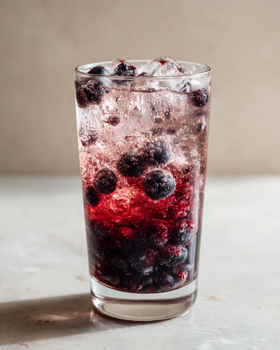 Close-up of a tall glass filled with a vibrant Blueberry Blackberry Mocktail, ice cubes, and whole berries.