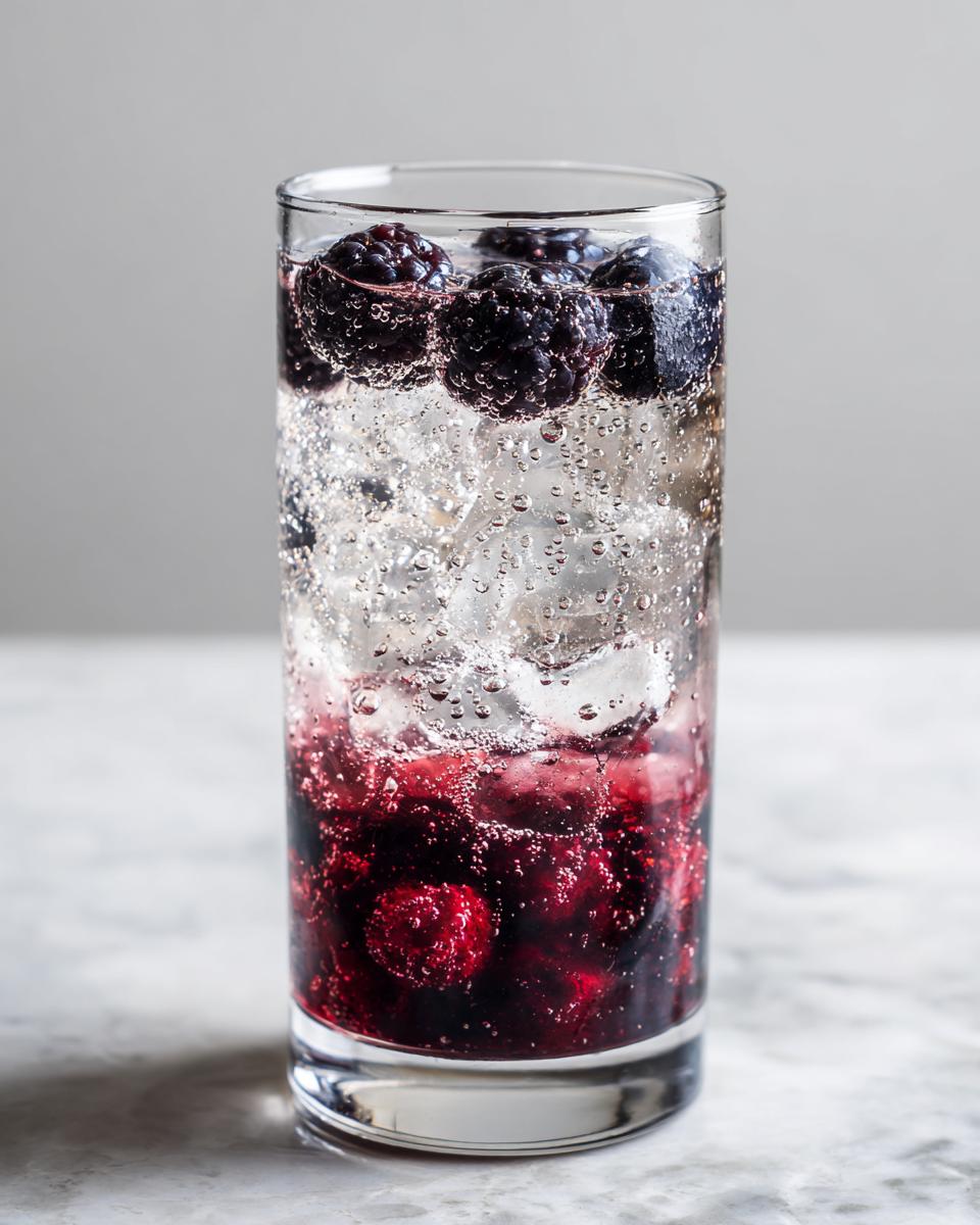 Close-up of a tall glass containing a sparkling Blueberry Blackberry Mocktail with ice, dark berries floating on top, and muddled fruit at the bottom.