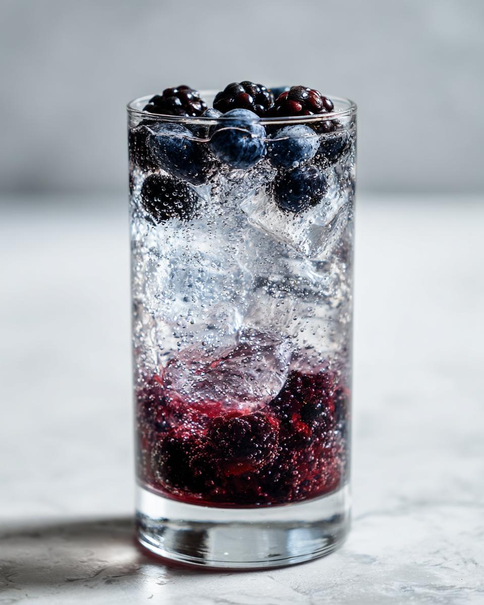 Close-up of a tall glass containing a Blueberry Blackberry Mocktail, filled with ice, sparkling water, and topped with fresh berries.