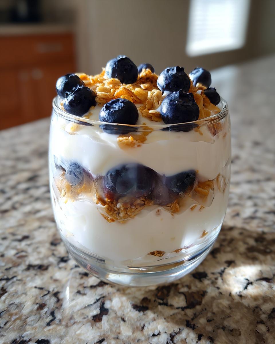 A layered Blueberry Lemon Yogurt Parfait in a clear glass, topped with fresh blueberries and granola.