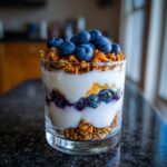 Close-up of a layered Blueberry Lemon Yogurt Parfait with granola and fresh blueberries.