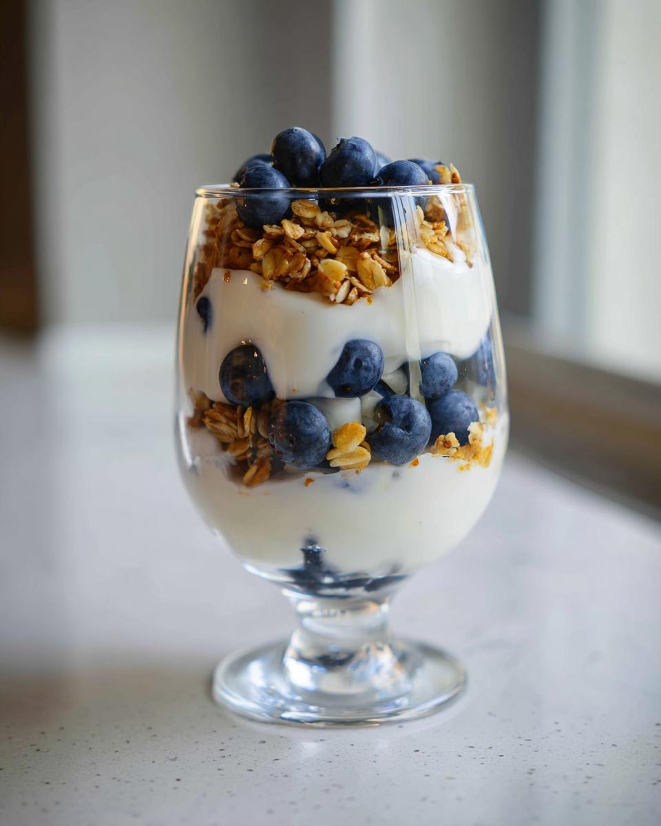 A layered Blueberry Lemon Yogurt Parfait featuring yogurt, granola, and fresh blueberries in a stemmed glass.