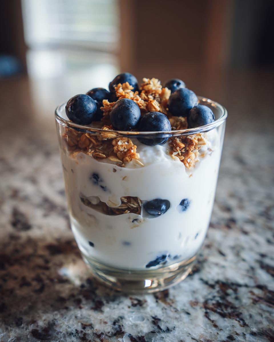 A glass filled with layers of yogurt, blueberries, and granola, showcasing a perfect Blueberry Lemon Yogurt Parfait.