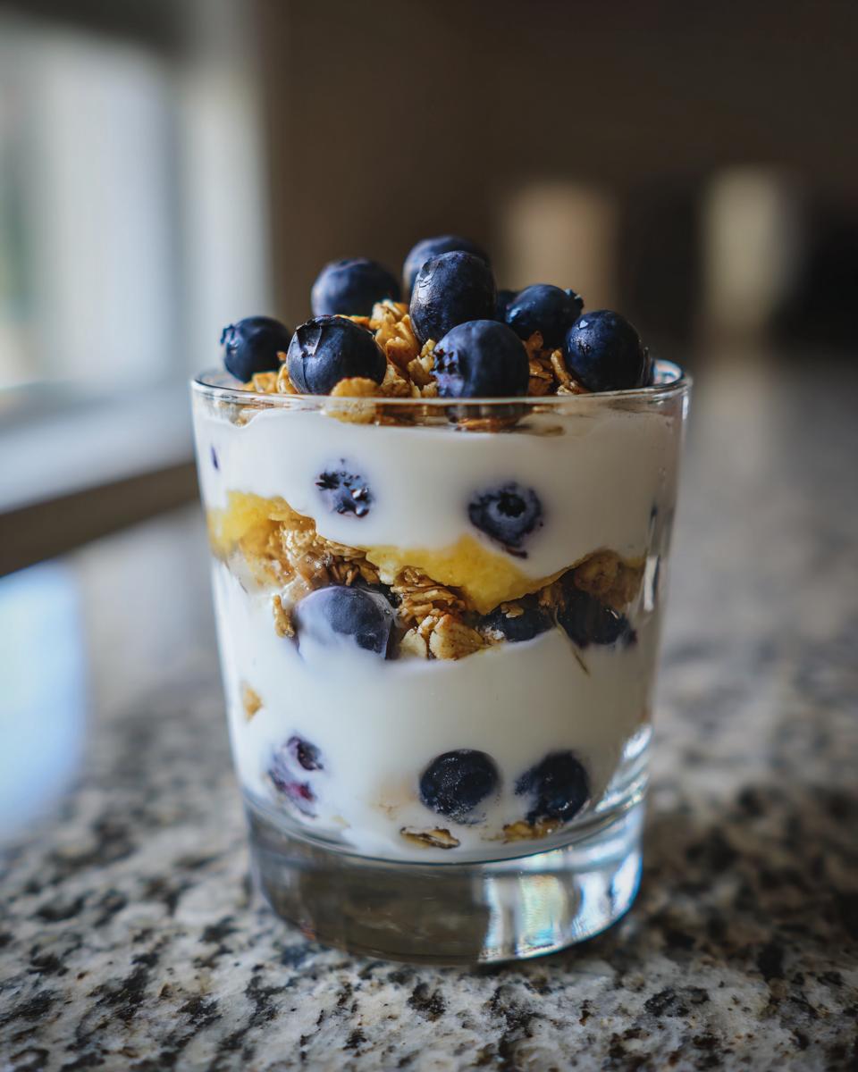 Close-up of a layered Blueberry Lemon Yogurt Parfait featuring yogurt, granola, and fresh blueberries in a clear glass.