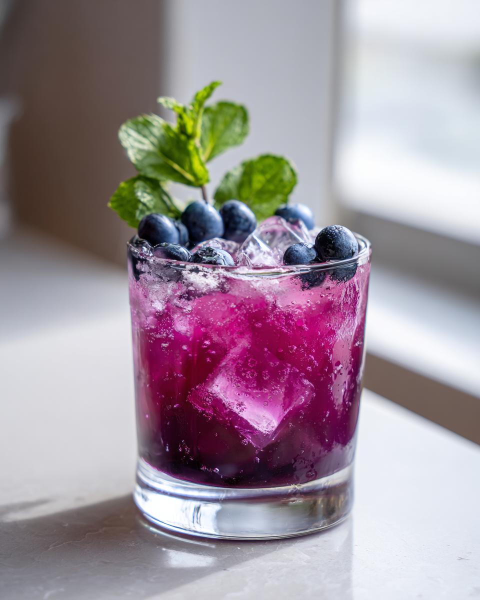Close-up of a vibrant purple Blueberry Mint Lemonade served over ice, garnished with fresh blueberries and mint.