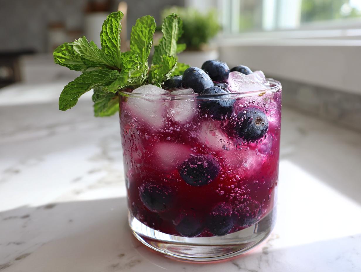 Close-up of a glass of fizzy Blueberry Mint Lemonade filled with ice, fresh blueberries, and a mint sprig garnish.