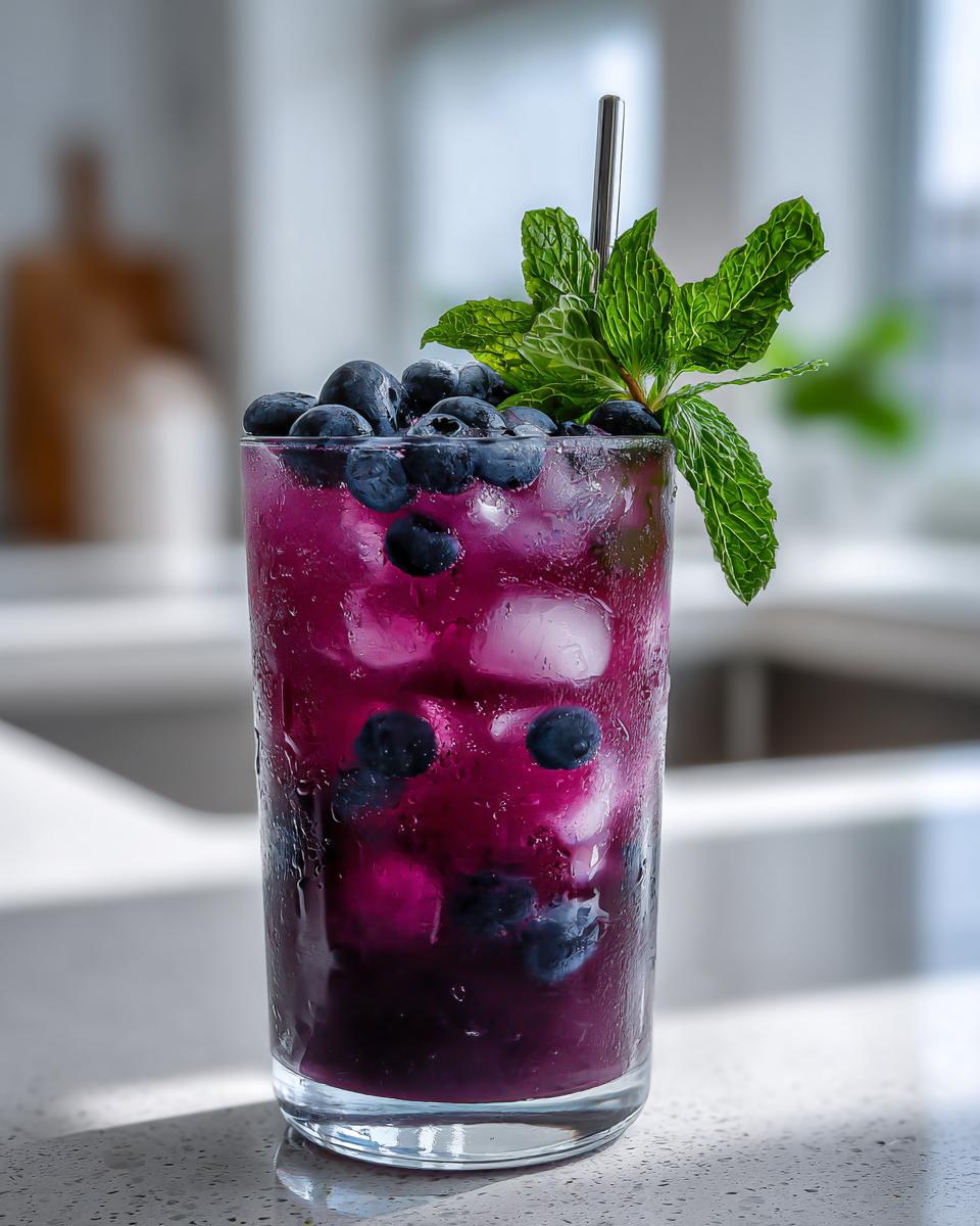 Close-up of a tall glass filled with vibrant Blueberry Mint Lemonade, ice, fresh blueberries, and a mint sprig garnish.