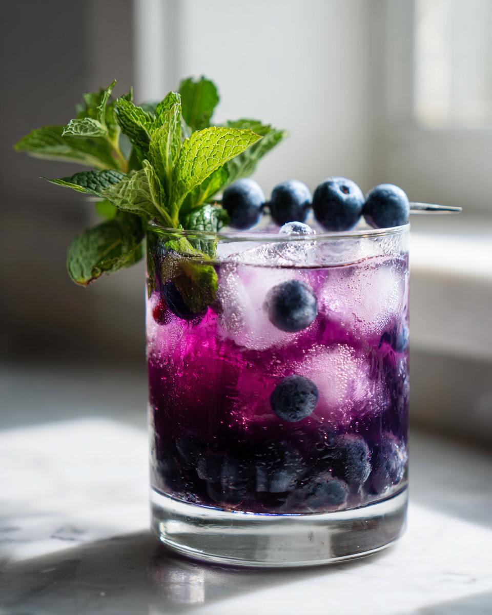 Close-up of a glass filled with vibrant purple Blueberry Mint Lemonade, ice, fresh blueberries, and a mint sprig garnish.