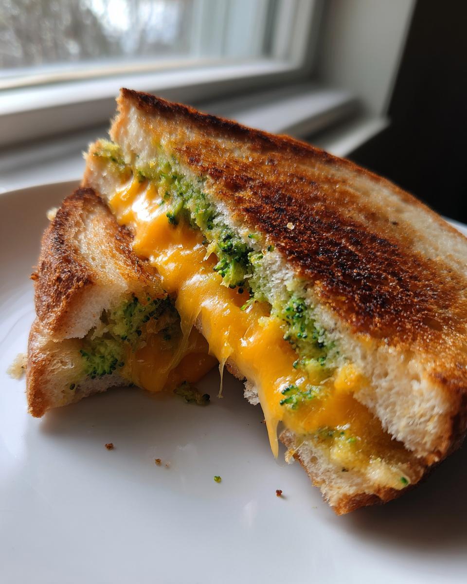 Close-up of a golden-brown Broccoli Pesto Grilled Cheese sandwich cut in half, showing melted orange cheese and green broccoli pesto oozing out.