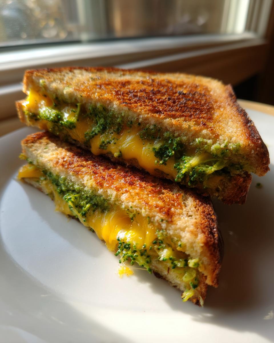 Two halves of a golden-brown Broccoli Pesto Grilled Cheese sandwich with melted orange cheese and green broccoli pieces.