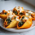 A plate of baked Butternut Squash Stuffed Shells With Quinoa Kale topped with melted cheese.