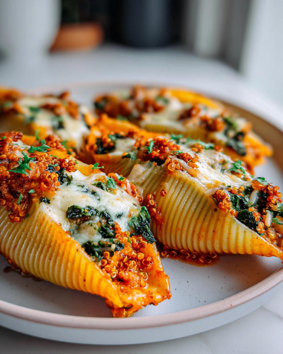 Close-up of baked Butternut Squash Stuffed Shells With Quinoa Kale topped with melted cheese and parsley.