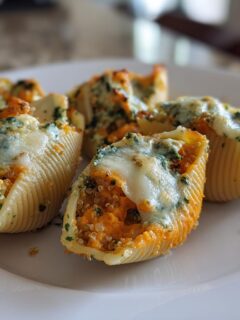 Four baked pasta shells filled with orange butternut squash, quinoa, and kale, topped with melted white cheese.